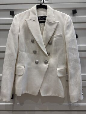 Balmain Cream Double-Breasted Textured Blazer Jacket